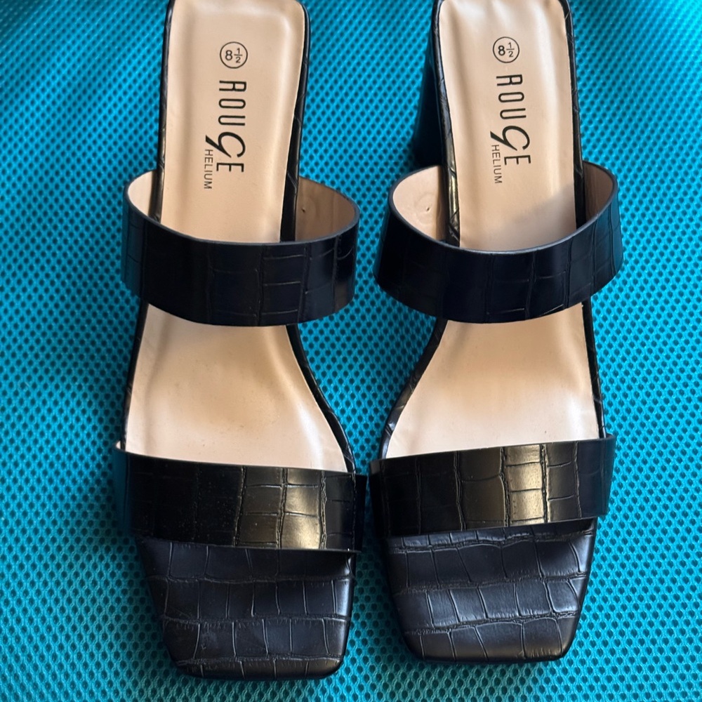 Brand New 
Black Open Toe Heels 
Faux Leather
Square Heel - New Style